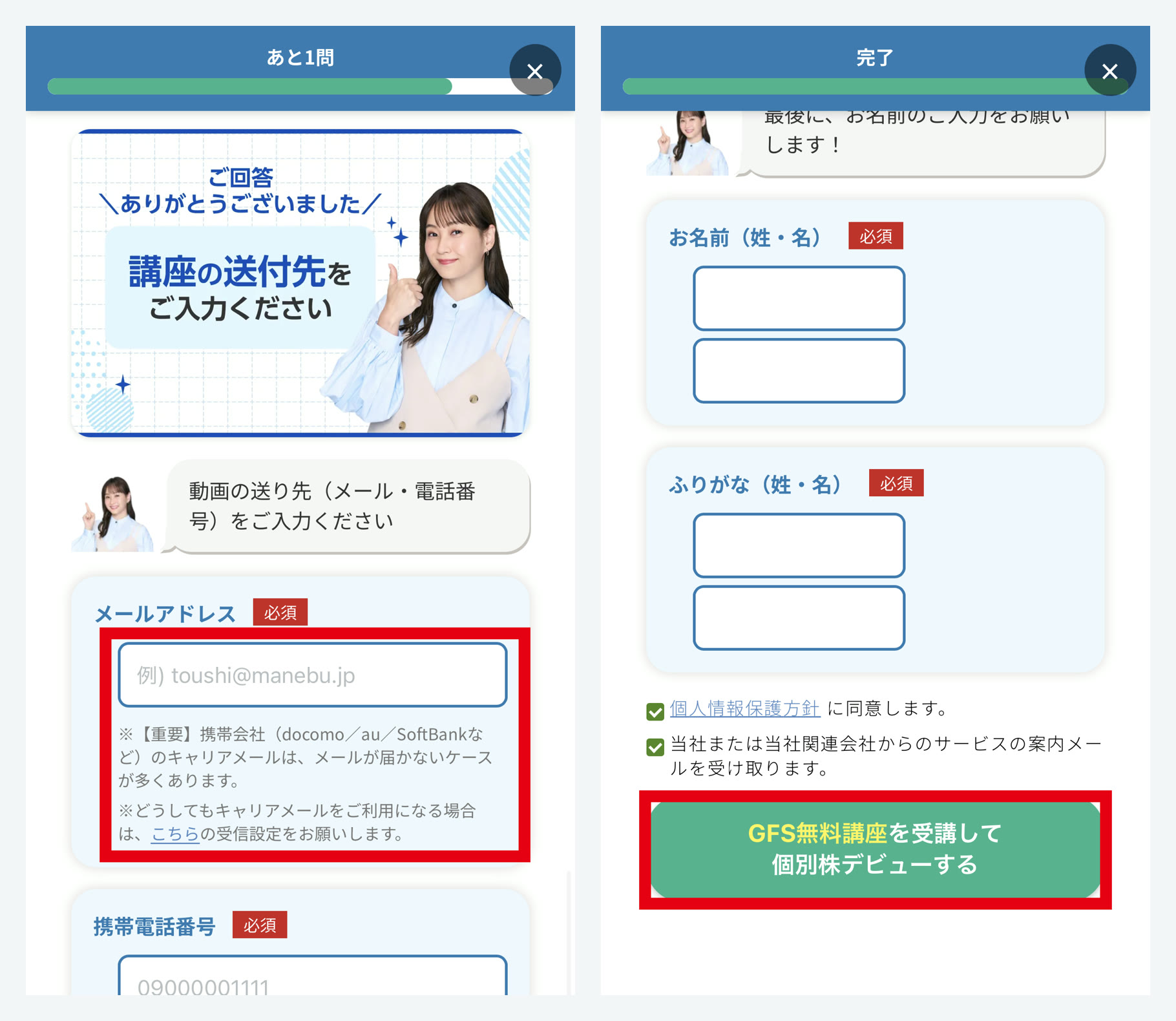 入力画面→申し込みボタン