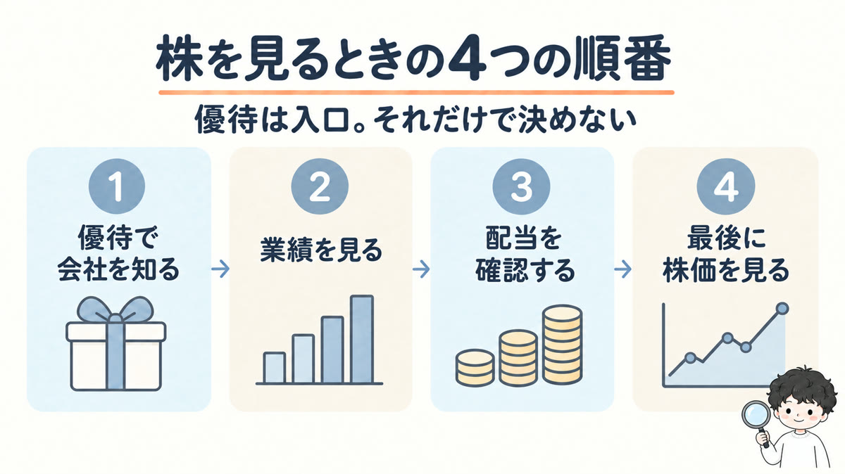 優待→業績→配当→株価